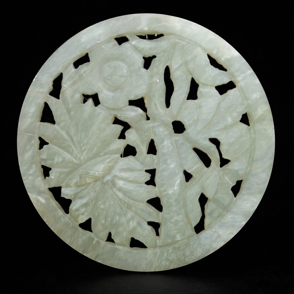 Vintage Carved Jade Pendant Openwork Disc Celadon Green Floral Hong Kong